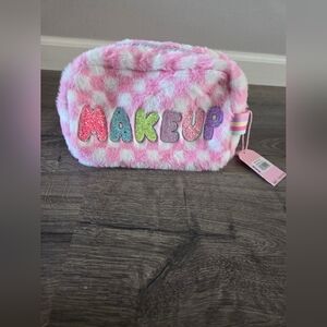 Girls Pink & White Checkered Plush Makeup Bag NWT